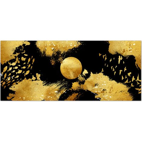Lupia - Quadro moderno Stampa su Tela Canvas World GOLD NATURE 52x122 cm  Arte Moderna astratta con Uccelli in sfondo oro e nero  Telaio in Fibra di Legno Ecologica, Legno (1/4)