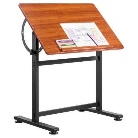 Mesa de Dibujo, Mesa de Artista Portátil de 60 x 90 x 91 cm con Estructura en H Negra y Escritorio Marrón, Ajustable de 0° a 90°, Escritorio de Madera para Pintura, Lectura, Escritura (1/5)