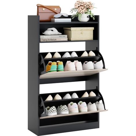 COSTWAY Slim Hidden Narrow Shoe Organizer Cabinet with Open Storage-Black (1/5)