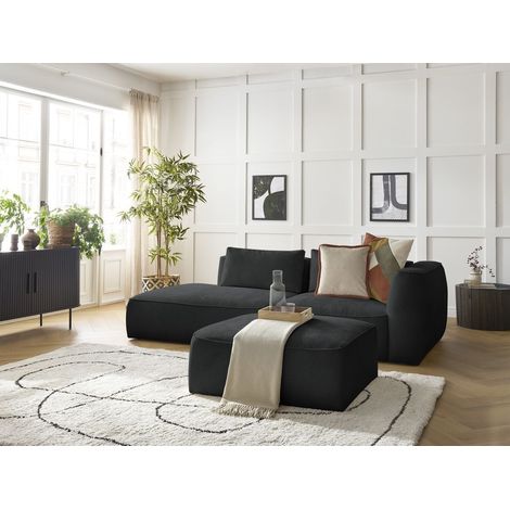 BOBOCHIC - Canapé droit fixe 3 places LEOPOLD tissu texturé avec pouf Accoudoir droit Noir (1/5)