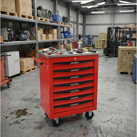 Carrello portautensili 59.2x39.0x72.8 cm, 7 cassetti, mobile, con serratura, acciaio, rosso e nero (1/5)