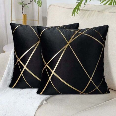 Set of 2 black sofa cushions (without cushions) Velvet cushion cover 45 x 45 cm Decorative cushion covers Gold lines Geometric cushions Living room Bedroom Ottoman Neck covers