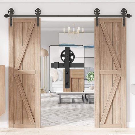 305 cm Double Porte Quincaillerie pour Des Double Portes Coulissante de Grange En Bois Antique Roue de Base à Gros Rayons Noire Roller Kit Système de Rail de Support d'armoire de Garage (1/5)