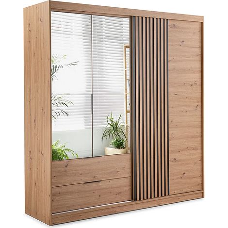 Armadio 3 ante e 2 cassetti Con specchio L203 cm Naturale e nero – SIDOVIA (1/5)