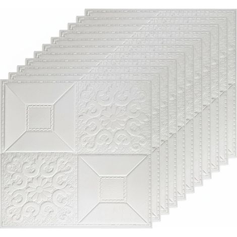 Lot de 20 Carreaux Muraux et de Plafond 3D en Mousse - Panneaux Autocollants à Décoller (35x35 cm), Couvre 2.4-4.8 m², Blanc Imperméable pour Salon