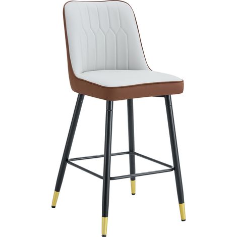 Lot de 2 tabourets de bar 100 cm en cuir régénéré bicolore gris clair et marron, avec structure métal noir, repose-pieds stable et design moderne CHICFURN (1/5)