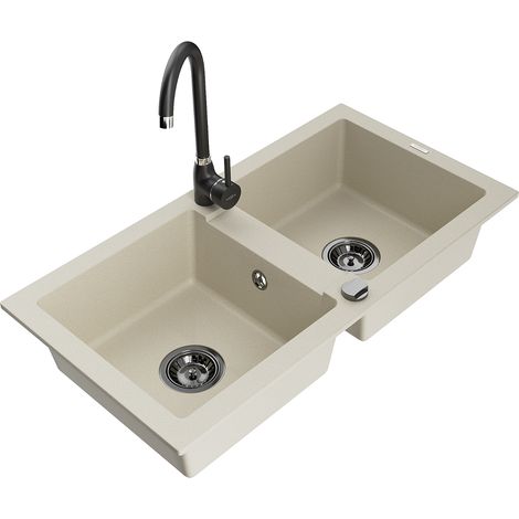 Mexen Mario 2-Becken-Granitspüle mit Mischbatterie Telma, Beige - 6504-69-670200-70 (1/5)
