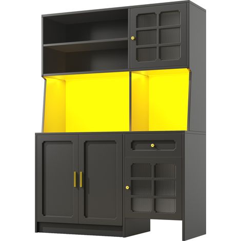 Armoire de cuisine noire avec portes vitrées et éclairage LED 130x45x180 cm (1/5)