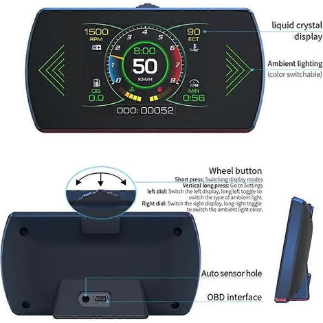 P12S Système double OBD2 Affichage tête haute (HUD) pour voiture, compteur numérique intelligent pour la surveillance de la vitesse et du carburant (1/5)