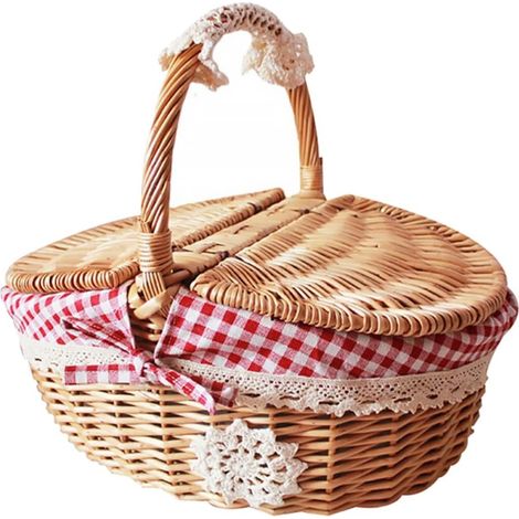 Panier de pique-nique en plastique rouge, pratique et résistant, style rustique chic avec couvercle.