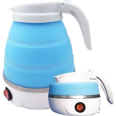 Bouilloire pliable - En silicone - Avec base en acier inoxydable - 0,6 L - Idéale pour le camping ou les voyages à moto (bleu clair) (1/4)
