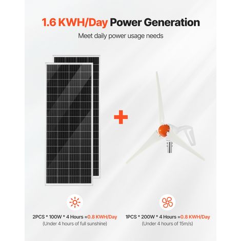 Kit d'Énergie Éolienne et Solaire 12 V 400 W, 2 Panneaux Solaires Monocristallins 100 W, avec Éolienne 200 W, Contrôleur de Système… (1/5)