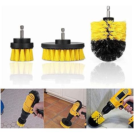3 spazzole per trapano, spazzole per la pulizia di pneumatici per auto, cucina, bagno, sedili, tappeti (giallo 2/3,5/4 pollici)