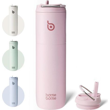 Isolierte Trinkflasche 680ml mit Strohhalm und Griff, doppelwandig - Pink (1/5)