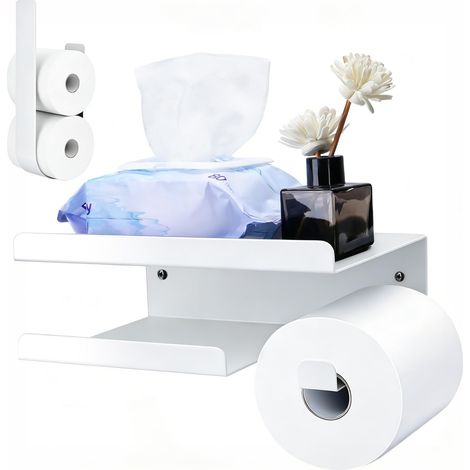 2 Pack Porte Papier Toilette Autocollant, Porte Papier WC sans Perçage avec Étagère, Porte Rouleau Papier Toilette en Acier Inoxydable avec 2 Méthodes de Montage (Blanc, Lot de 2) (1/5)