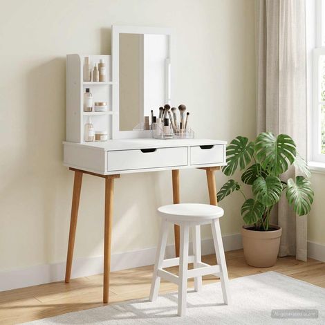 Ensemble coiffeuse 3 pièces avec miroir et tabouret, bois blanc, 76 x 50 x 143 cm - PANGIVO (1/5)