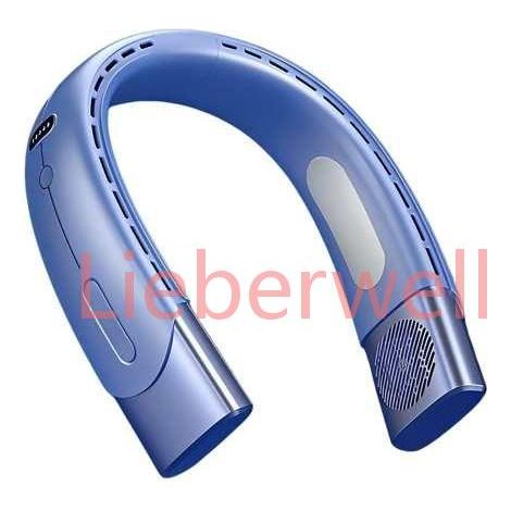 Ventilateur portable, 5 vitesses réglables, conception ergonomique, recharge USB, confortable à porter, bleu (1/5)