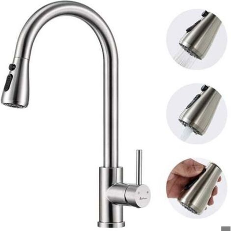 Robinet mitigeur de cuisine brossé, robinet de cuisine pivotant à 360° avec douchette extractible, robinet d'évier de cuisine (1/5)
