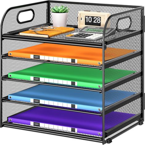 5 Tier Paper Organizer with Handle, Metal Mesh Desk Organizer File Folder Paper Letter Tray Desktop Document Sorter for Classroom, School, Office Accessories Organization and Storage - Black (1/4)