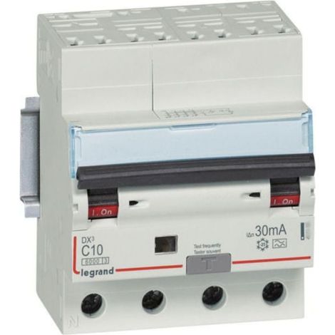 Disjoncteur différentiel monobloc DX³6000 10kA arrivée haute automatique départ bas à vis 4P 400V - 10A - typeA 30mA - LEGRAND