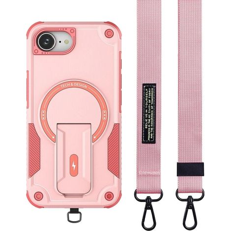 (Rose, iPhone 12 Pro) Étui de téléphone avec support magnétique et cordon, matériau PC+TPU antichoc. (1/4)