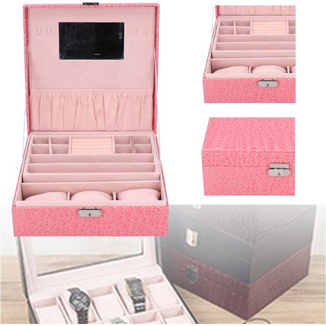 Boîte à bijoux en similicuir rose, idéale pour les filles. Boîte de rangement pour montres et bijoux, parfaite pour les filles. (1/5)