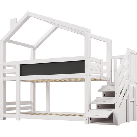 Cama cabaña infantil 90 x 200 cm con escalera de almacenaje y pizarra, blanca, HOMVRA (1/5)