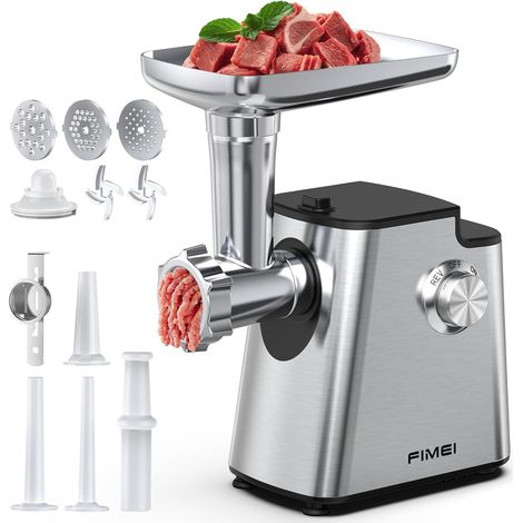 Electric Meat Grinder with Grates, Blades, Sausage Tips, Kibbe Kit, Pastry Accessory, Reverse Anti-Lock Function, Stainless Steel Base (1/5)