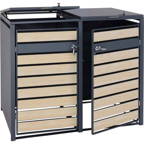2er Mülltonnenverkleidung HHG-352, Mülltonnenbox, erweiterbar, Metall 50kg, anthrazit Buche-Holzoptik hellbraun