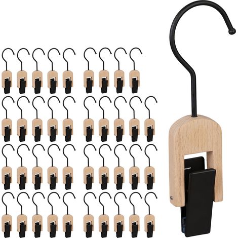 40 x Klemmhaken gummiert, Kleiderklammer mit Haken, für Tücher, Mützen, Klammerhaken Set aus Holz & Eisen, schwarz-natur