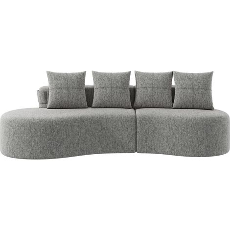 Canapé tissu gris clair avec 4 coussins, porte-gobelets, poches latérales et assise haute densité, design moderne pour salon convivial, 240 cm – CHICFURN (1/5)