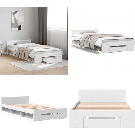 Bettgestell mit Schublade Weiß 100x200 cm Holzwerkstoff - Bettesrahmen - Doppelbett - Weißer Rahmen - Holzbettrahmen - Lattenrost - Home & Living (1/5)