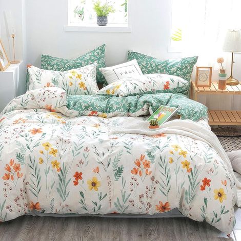 Parure de lit 135x200cm 4 pièces coton imprimé floral réversible fermeture éclair (1/5)