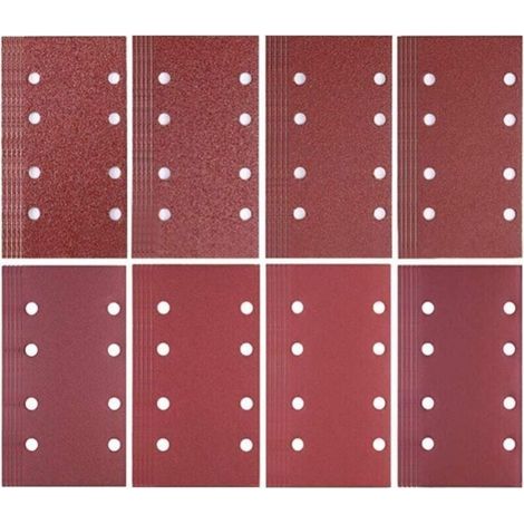 Lot de 80 feuilles abrasives 93 x 185 mm – 8 trous – Assortiment grains 40/60/80/120/180/240/320/400 – Pour ponceuse bois dur (1/5)