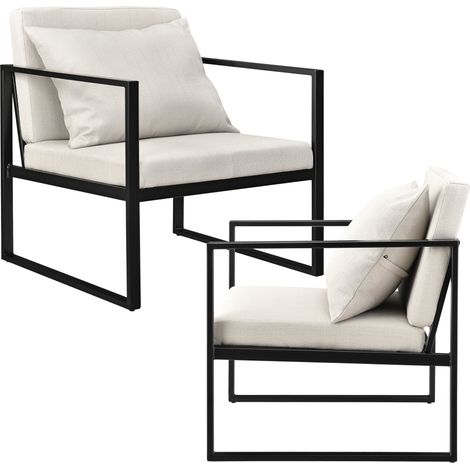 Juego de 2 sillones de salón de diseño con reposabrazos asiento y respaldo acolchados estructura maciza funda de poliéster 70 x 60 x 60 beige negro 030005759