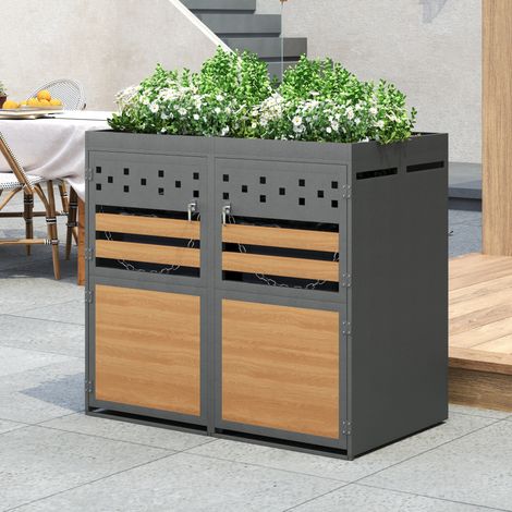Abri poubelles 2 bacs 132x80x125 cm en métal anthracite, avec rangement pour jardin FloraGrace (1/5)