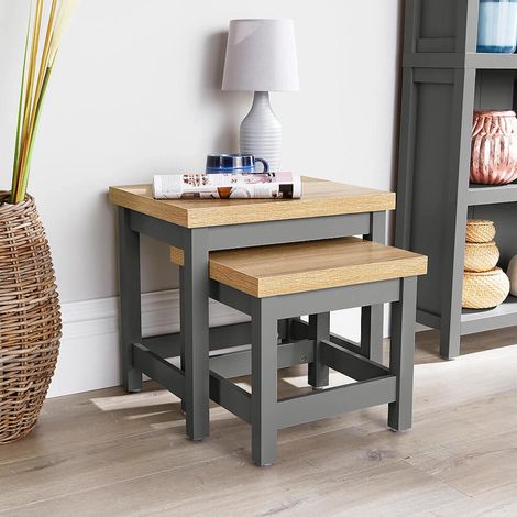 Nest of 2 Tables Coffee Occasional Side End Tables Nested Set 36mm Oak Top (1/3)