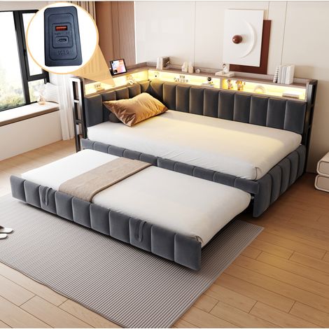 Divano letto imbottito 90x200 cm con letto estraibile, LED, USB-C e contenitore grigio scuro (1/5)