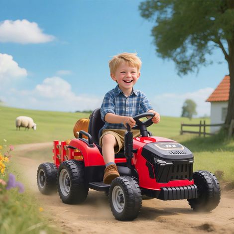 Elektrischer Kindertraktor mit abnehmbarem Anhänger, elektrisches Kinderauto, 2,4-GHz-Fernbedienung, 139 x 58 x 55 cm, rot