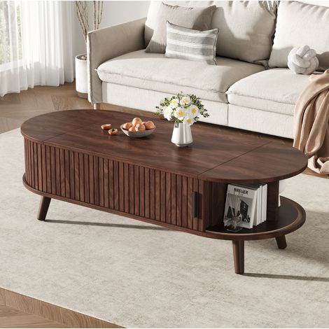 Tavolino sollevabile 120x50x39,5 cm con vano nascosto e 2 spazi laterali, struttura in MDF finitura noce (1/5)