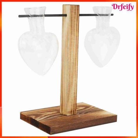 Vase en verre sur pied - - Vase boule cœur - Base bois de carbone - Support fer - Vintage - 19,5x7x10 cm (1/5)