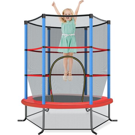 COSTWAY Trampoline Extérieur Enfants Ø165 CM avec Filet de Sécurité, Trampoline Enfants avec Cadre en Acier & 6 Poteaux Recouvert de Mousse, Charge Max 135kg pour Garçon et Fille (Bleu) (1/5)