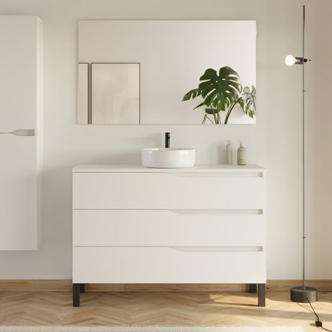 Meuble de salle de bain 120 avec plateau et vasque à poser - 3 tiroirs - blanc - MATA (1/5)