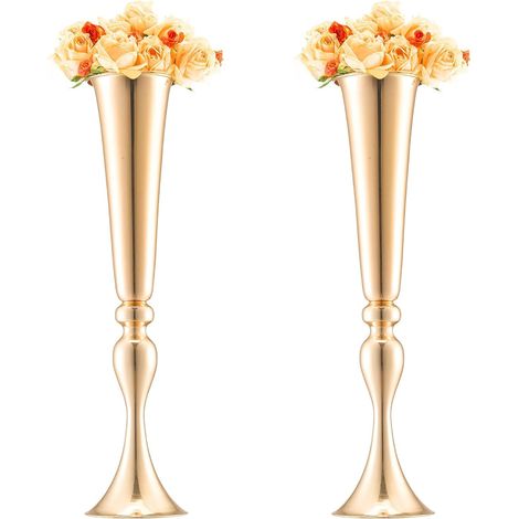 Vase de mariage, lot de 2, supports de fleurs de mariage de 56 cm de haut, vase or en métal en forme de trompette pour centre de table, pour dîner, cérémonie, anniversaire, événement, décoration (1/5)
