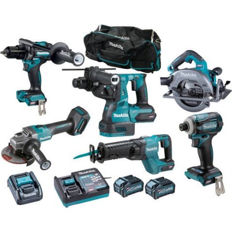 Makita – Pack de 6 outils électroportatifs 40V – Moteur Brushless – 2 batteries 4.0Ah – Chargeur rapide inclus – Pour travaux intensifs