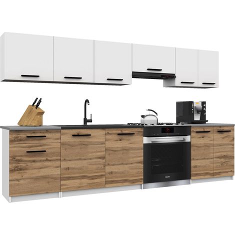 Belini ITALIA 2 Cuisine Equipée Modulaire Complète - 240 cm. Meubles Hauts Bas avec Plan de Travail, Blanc Mat/Brun Doré (1/5)