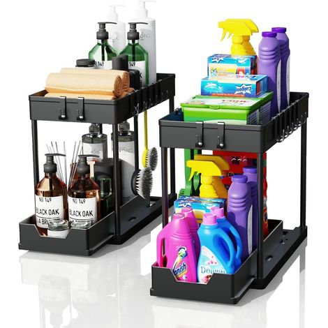Lot de 2 rangements sous évier –rangement et organisation de cuisine- Organiseur sous évier tiroir d'extraction coulissant – Rangement et organisation de cuisine, noir (1/4)