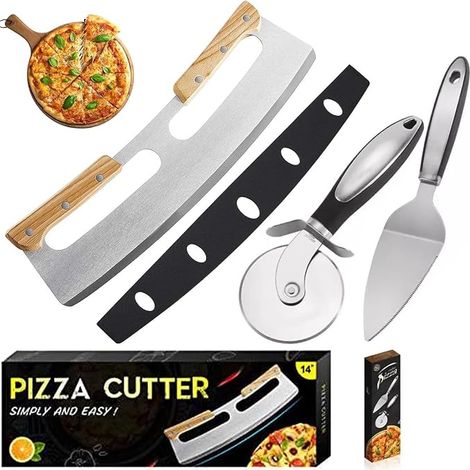 Tagliapizza, tagliapizza a dondolo con doppio manico in legno, coltello per pizza, affetta pizza, tagliapizza in acciaio inossidabile, coltello per pizza da 35 cm per tagliare la pizza (1/3)