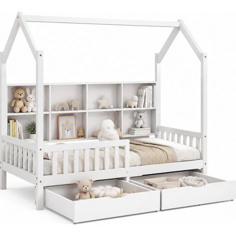 Lit cabane enfant 90x200 avec étagère de rangement arrière, deux grands tiroirs, barrières de sécurité et style scandinave blanc, en bois de pin – CHICFURN (1/5)
