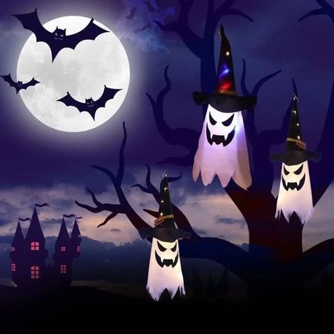 3pcs Chapeau fantôme lumineux à suspendre, ANNEFLY Décoration d'Halloween Ornements d'intérieur et d'extérieur-blanc chaud (1/4)